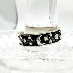 Vintage 925 Sterling Silver Celestial Band‎ Ring Sun Moon Stars Saturn 8